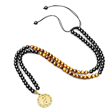 COAI Yin Yang Black Obsidian Tiger Eye Stone Beaded 108 Mala Yoga Necklace