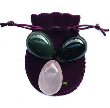 Jade Eggs 3-pcs Set Made of 3 Gemstones: Nephrite Jade, Rose Quartz and Obsidian, All Medium Size with Different Weight, Color